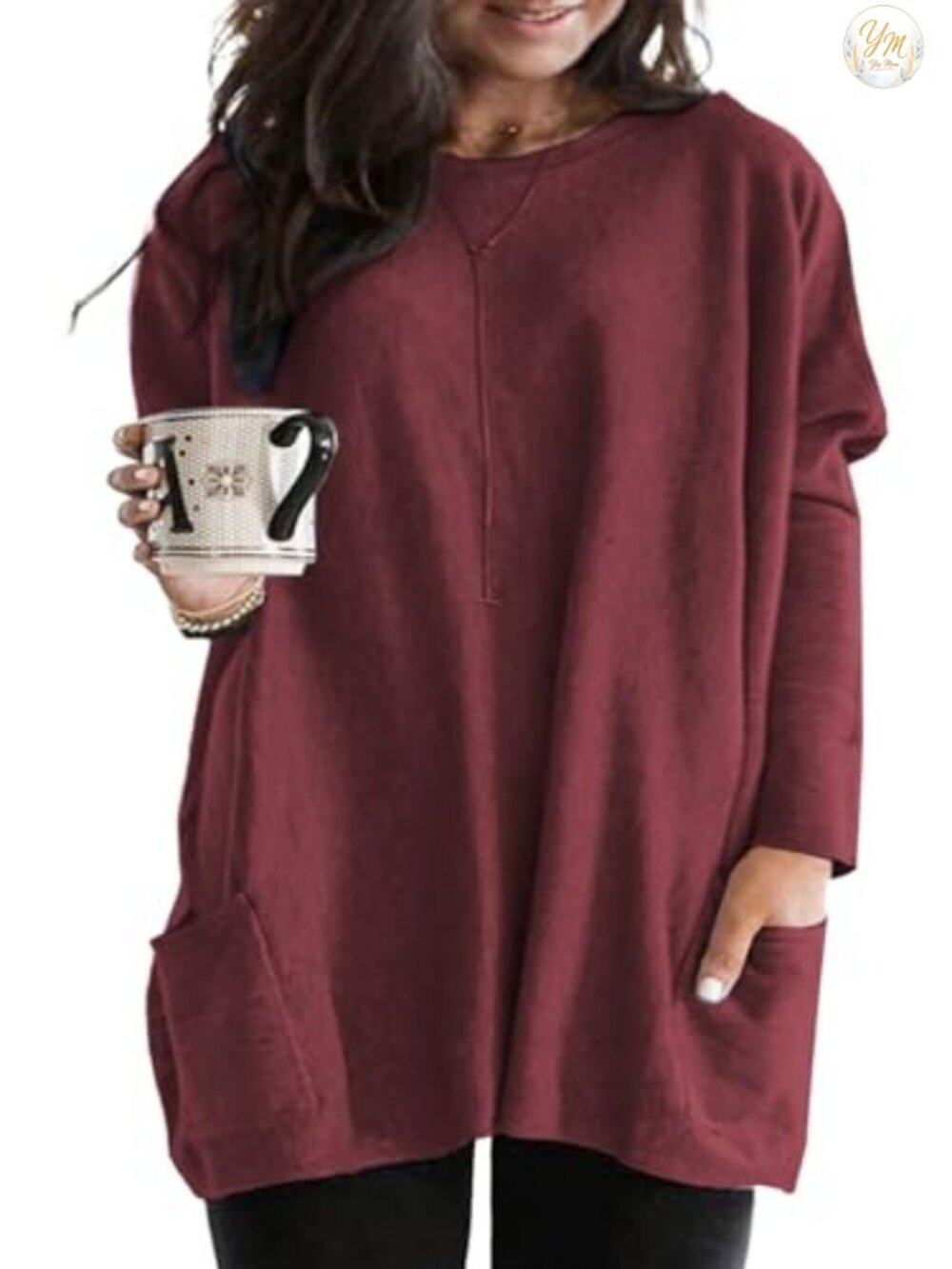 Plus Size Long Sleeve Tunic Top with Pockets, Crewneck Oversized Sweatshirt,